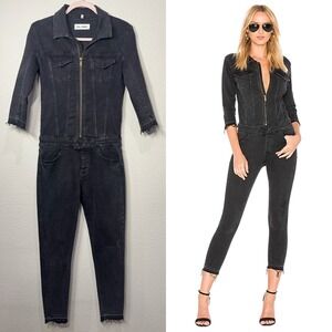 DL1961 Women's Denim Jumpsuit Black Wash XS Zip Front Raw Hem 3/4 Sleeve Edgy